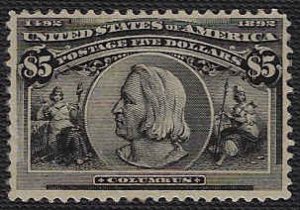 U.S. #245 Unused OG LH; $5 Columbus (1893)