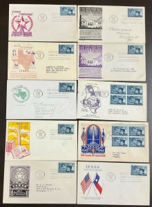 938 Lot of 10 different cachet Texas Centennial FDCs December 29, 1945