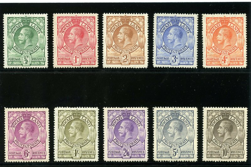 Swaziland 1933 KGV set complete MLH. SG 11-20. Sc 10-19.