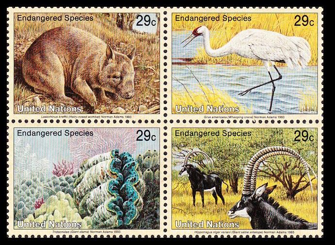 UN New York Birds Wombat Crane Clams Antelope 4v Block 2*2 SG#630-633 SC#623a