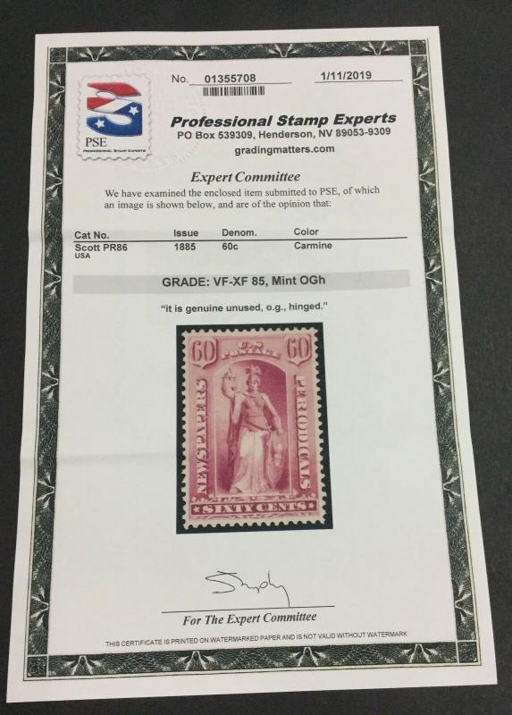 MOMEN: US STAMPS #PR86 NEWSPAPER MINT OGh PSE GRADED CERT VF/XF-85