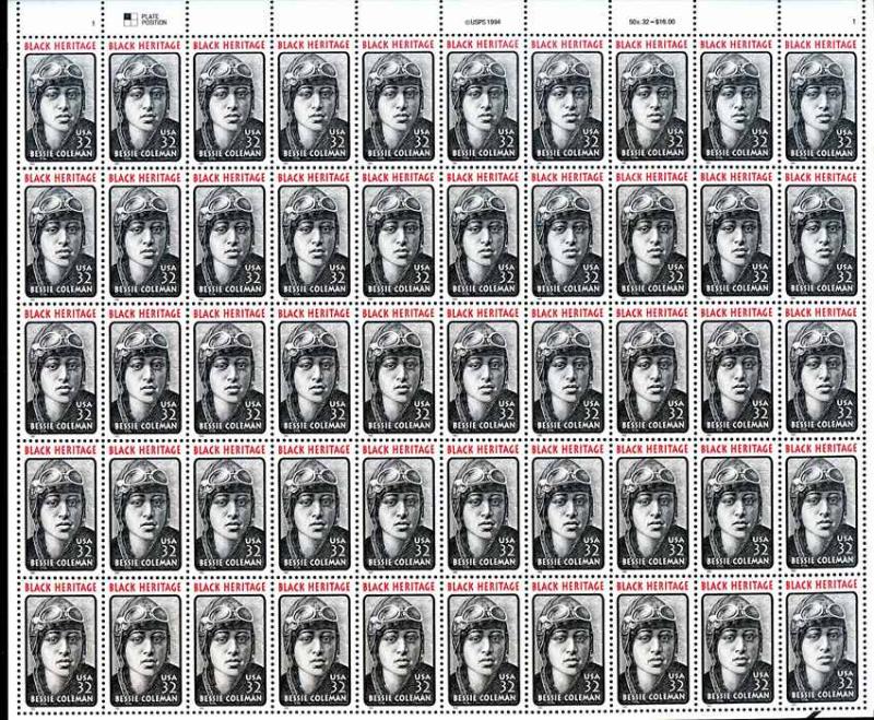 U.S. 1995 #2956, Bessie Coleman pane of 50 - below face