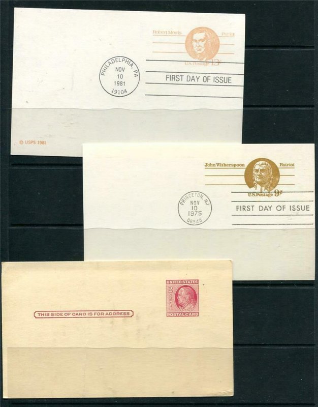 USA 3 Postal Stationary Cards/2 FD cancel Washington&R Morris One 2c Unused 9464