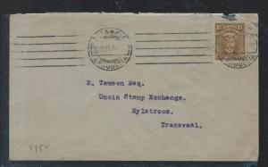 SOUTHERN RHODESIA  (P2109B) KGV 1 12D COVER TO TRANSVAAL