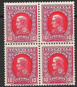 VENEZUELA 1911 10c Francisco de Miranda Portrait Issue Block of 4 Sc 251 MLH/MNH