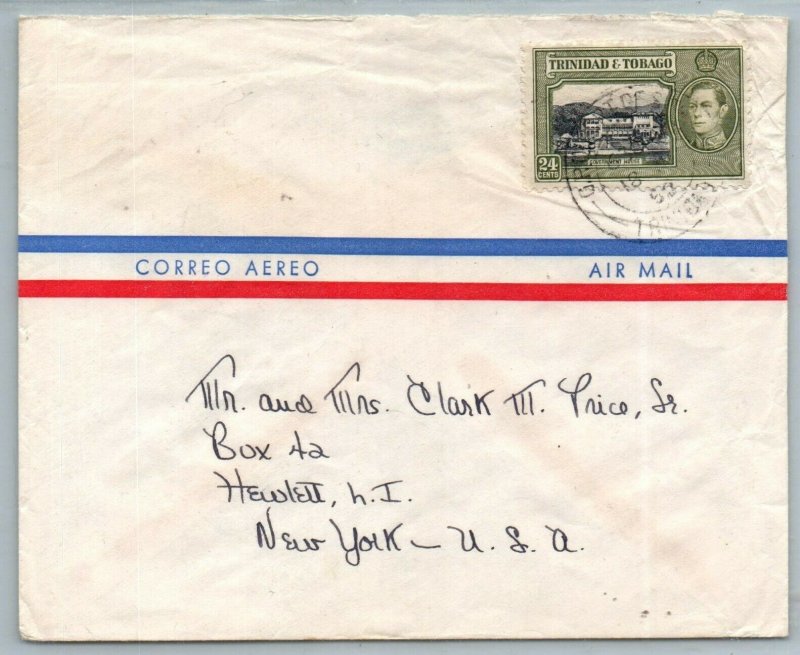 1952 TRINIDAD & TOBAGO Air Mail Cover -Port Of Spain to Hewlett, New York USA R7 