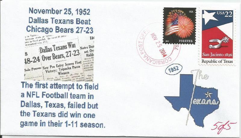 VERY LAST 25 NOV 1952 NFL Dallas Texans Only Win over Chicago