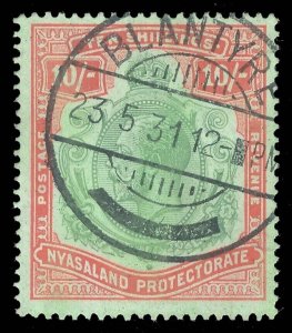 Nyasaland 1921 KGV 10s green & red/pale emerald VFU. SG 113. Sc 37.