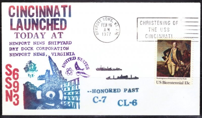 F1391   UNITED STATES   Cover # 1704         Launching USS Cincinnati