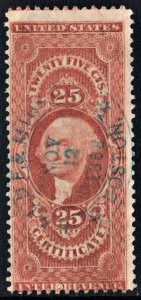 R44c 25¢ Revenue: Certificate (1862) CDS Cancel Used