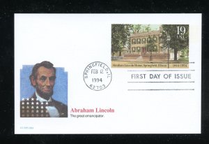 US UX174 19 cent Postal Card Abraham Lincoln Home UA Fleetwood cachet FDC