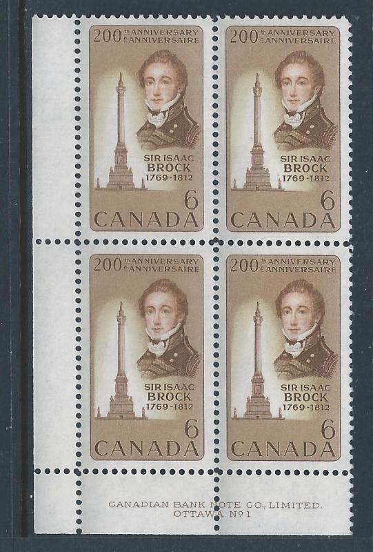 Canada #501 LL Plate Block Sir Isaac Brock 6¢ MNH4