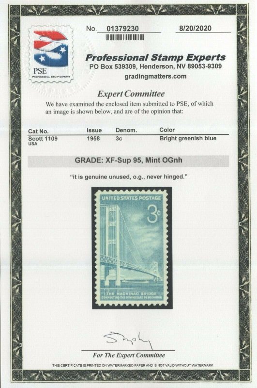 #1109 Graded: XF-Sup 95 Mint OG NH w/PSE Cert. SMQ $25 (JH 10/4) GP