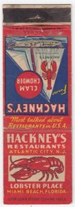 Vintage Matchbook HACKNEY'S RESTAURANTS Atlantic City/Miami Beach