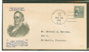 US 820 1938 15c James Buchanan (presidential/prexy series) single on an addressed (typed first day cover with a Holland cachet)