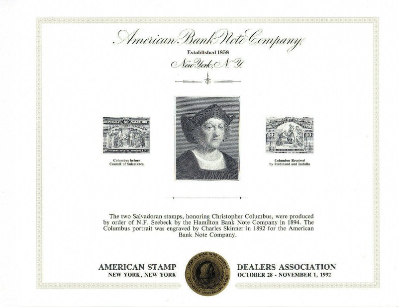 ABNC Souvenir Card SO106 ASDA Columbus El Salvador 101 103  Mint Hamilton BN Co