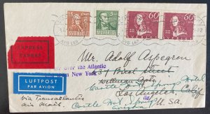1940 Stockholm Sweden Airmail Express Cover To Los Angeles Ca USA Via New York