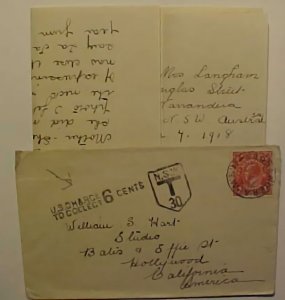 AUSTRALIA LETTER 2 DIFF POSTAGE DUE HANDSTAMP 1918 TO US MOVIE STAR WILLIAM HART