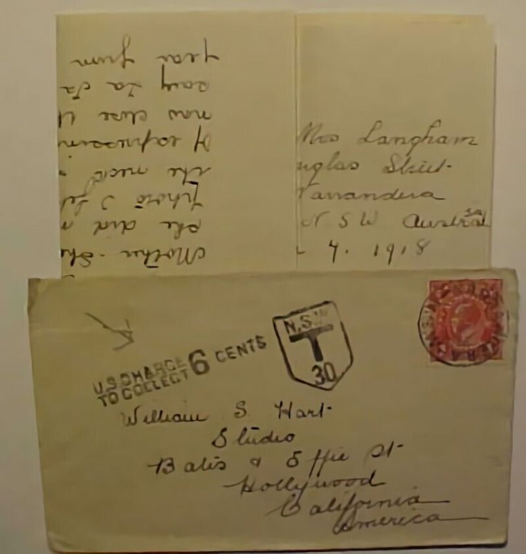 AUSTRALIA LETTER 2 DIFF POSTAGE DUE HANDSTAMP 1918 TO US MOVIE STAR WILLIAM HART