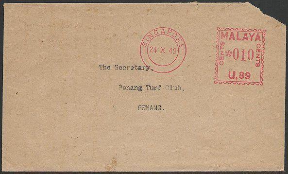 SINGAPORE 1949 cover to Penang 10c Meter U.89 (Singapore Turf Club)........47614