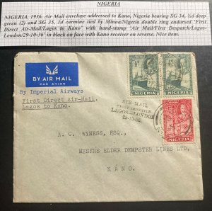 1936 Lagos Nigeria First Direct Flight Airmail Cover FFC to Kano Imperial Airway