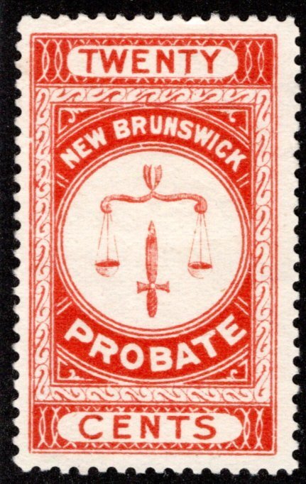 van Dam NBP2, 20c vermilion, uncan., New Brunswick Probate, Canada Revenue