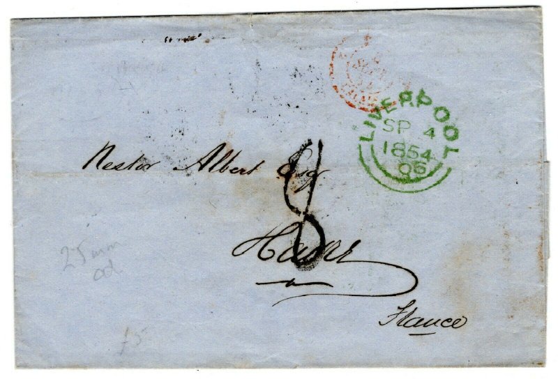 GB Cover Liverpool Green CDS Handstruck *8* France Havre Calais London 1854 PE82 