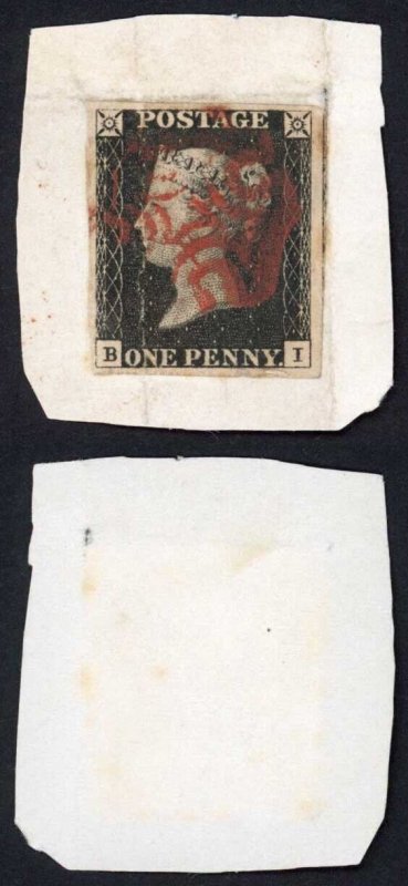 Penny Black (BI) Four margins Vertical crease on piece