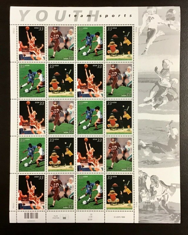 3399-3402    Soccer-Youth Team Sports. Lot of 10 sheets. FV $66.   2000.