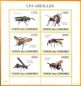 A5576 - COMOROS - ERROR, 2009, MISPERF MINIATURE SHEET: Bees, Insects