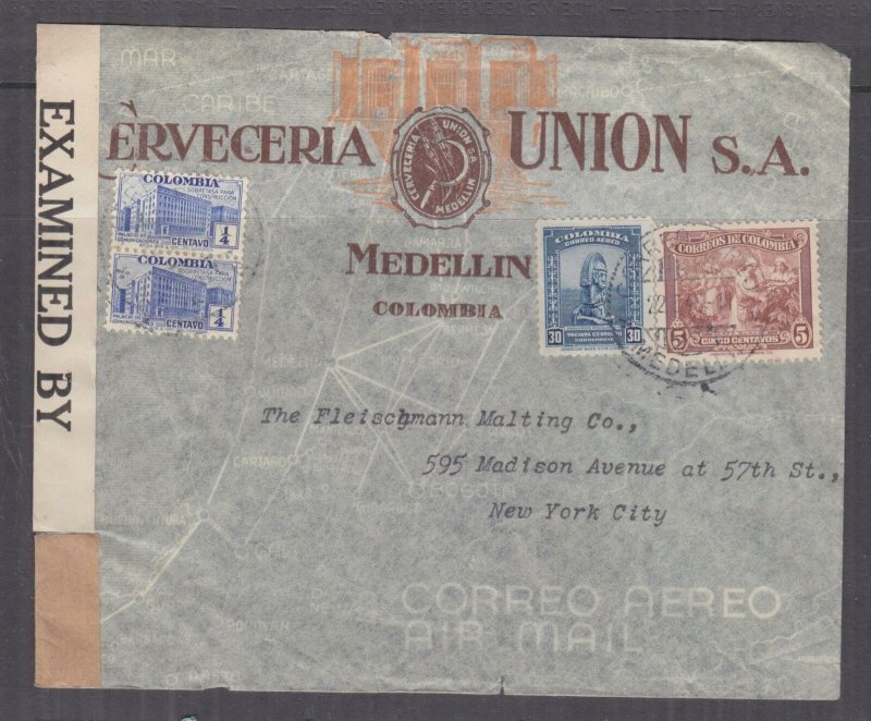 COLOMBIA, 1942 Censored Airmail cover, Medellin to USA, 1c.(2), 5c., 30c.