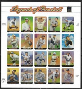 SCOTT  3408  LEGENDS OF BASEBALL  33¢  SHEET OF 20  MNH