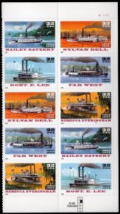 Scott #3091-3095a RiverBoats (Early Cruise Ships) Plate Block of 10 Stamps - MNH
