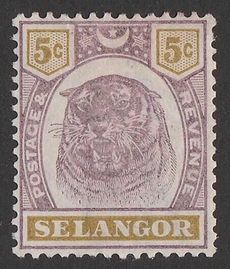 MALAYA - Selangor 1895 Tiger 5c dull purple & olive-yellow.  