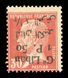 Lebanon #41a Cat$35+ (for hinged), 1924 1.50p on 30c red, surcharge inverted,...