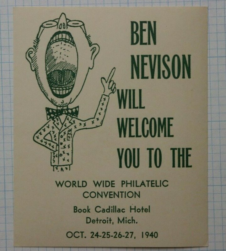 1940 World Wide Philatelic Convention Detroit MI Ben Nevison Souvenir Label Ad