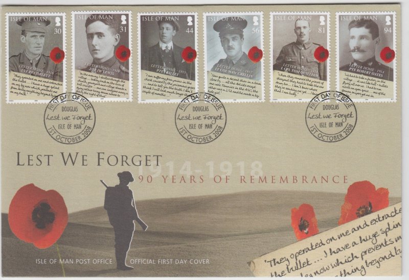 Isle of Man -  2008,  Lest We Forget set of 6,   on FDC