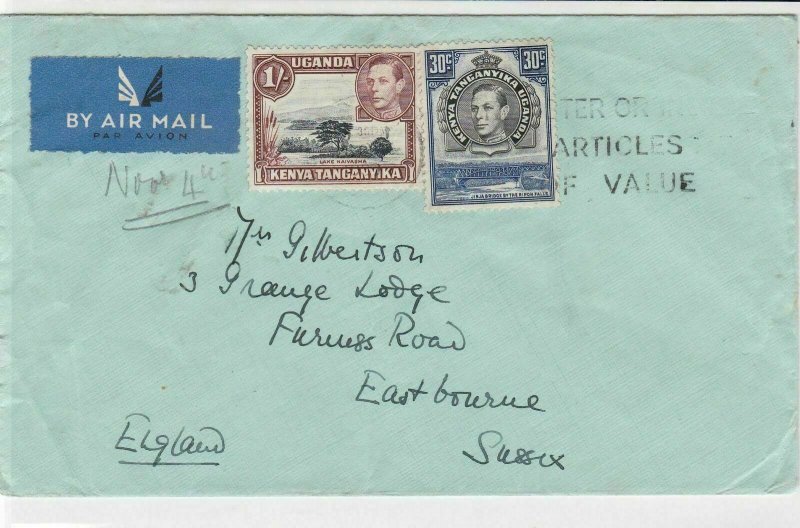 Uganda 1939 to sussex england air mail stamps cover ref 21469