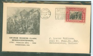 US 651 1929 2c George Rogers Clark/Battle of Vincennes on an addressed FDC with a Johnson Z Williams (1st) cachet and an unoffic