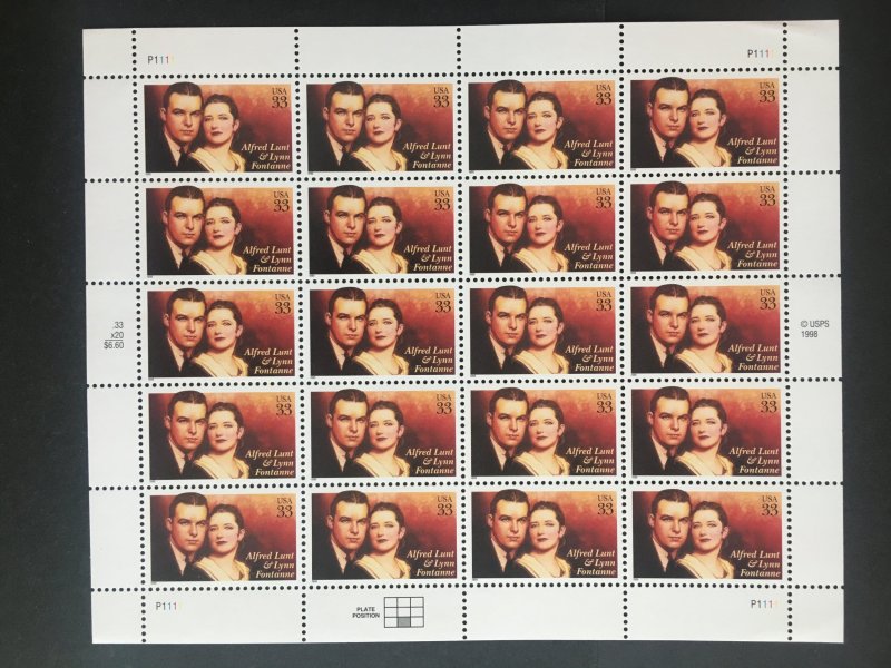 1999 sheet Alfred Lunt & Lynn Fontanne Sc# 3287