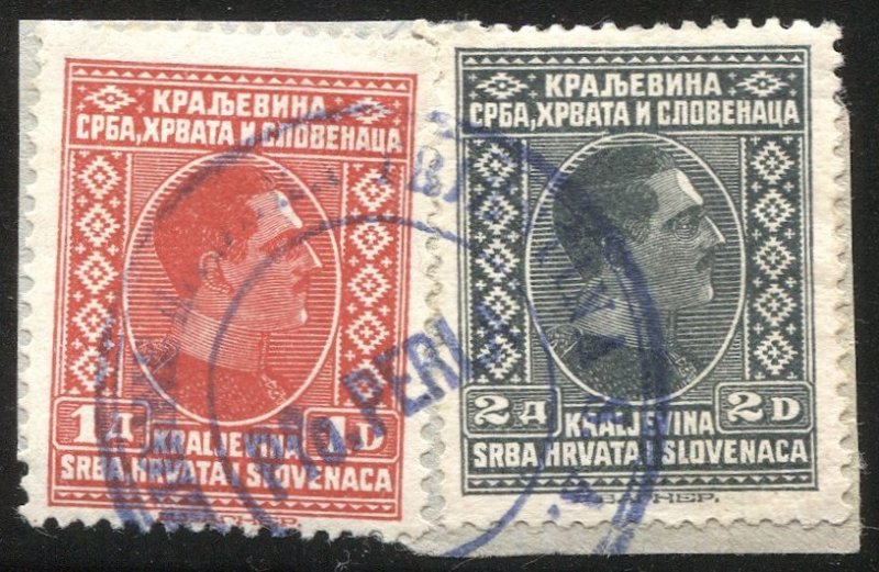 Yugoslavia  1926 Sc 43-44 Used VF on piece, Italian Ship Cancel: Pfo. PERLA