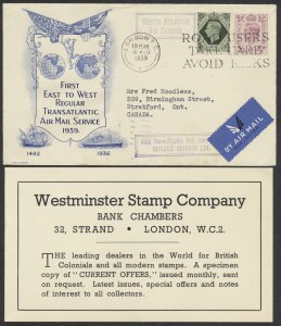 1939 Imperial Air Flight Southampton to Montreal #3925a Westminster Cachet