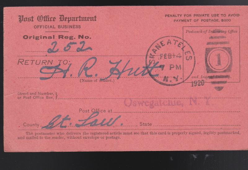 Feb 14 1920 Registry Return Receipt (Skaneateles NY) Valentines Day Cancel