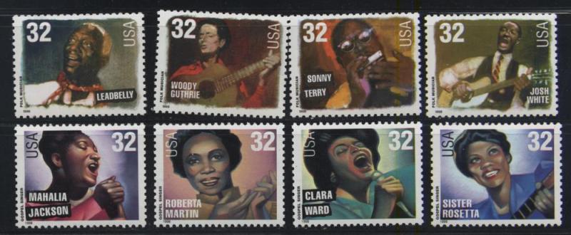 US, MNH , 32ct    #3212 - #3219, Folk & Gospel Singers