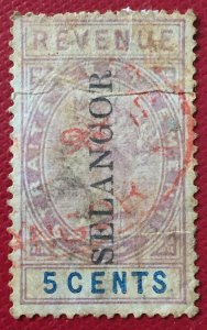 MALAYA SELANGOR opt STRAITS SETTLEMENTS QV REVENUE 5c Used faults ISC#SR21 M3308