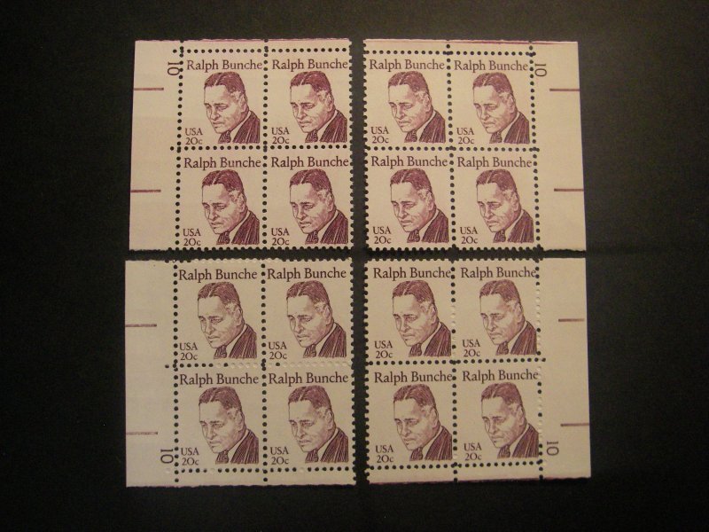 Scott 1860, 20c Ralph Bunche, PB4 #10 x4, Matched Set, MNH Great Americans