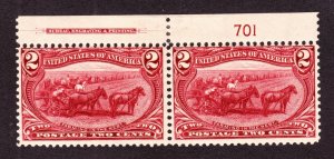 US 286 2c Trans-Mississippi Mint Plate #701 Top Pair F-VF OG NH SCV $160