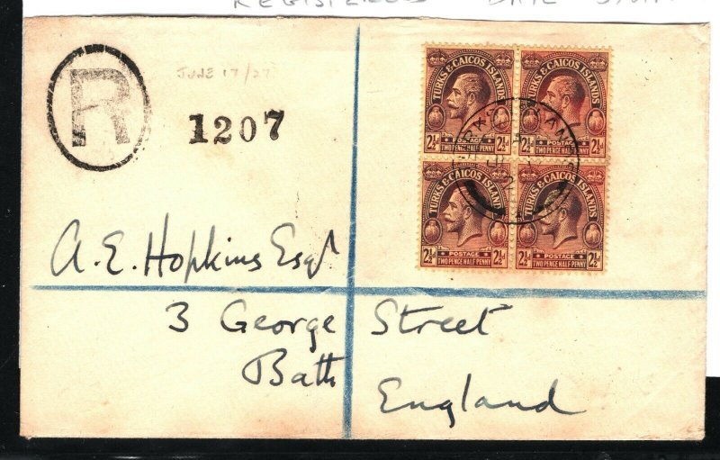 TURKS & CAICOS KGV Cover 2½d Block{4} Registered GB Bath via Jamaica 1927 PB247