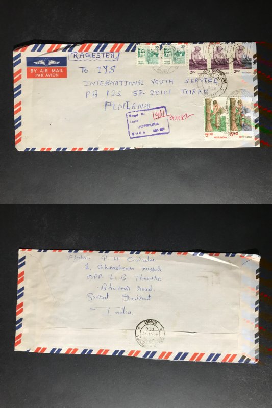 India Registered Cover to Finland City Cancel (1980s-1990s) Cover #634