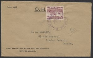 1936 Newfoundland Registered Cover Dept of Posts St John's to London Ont